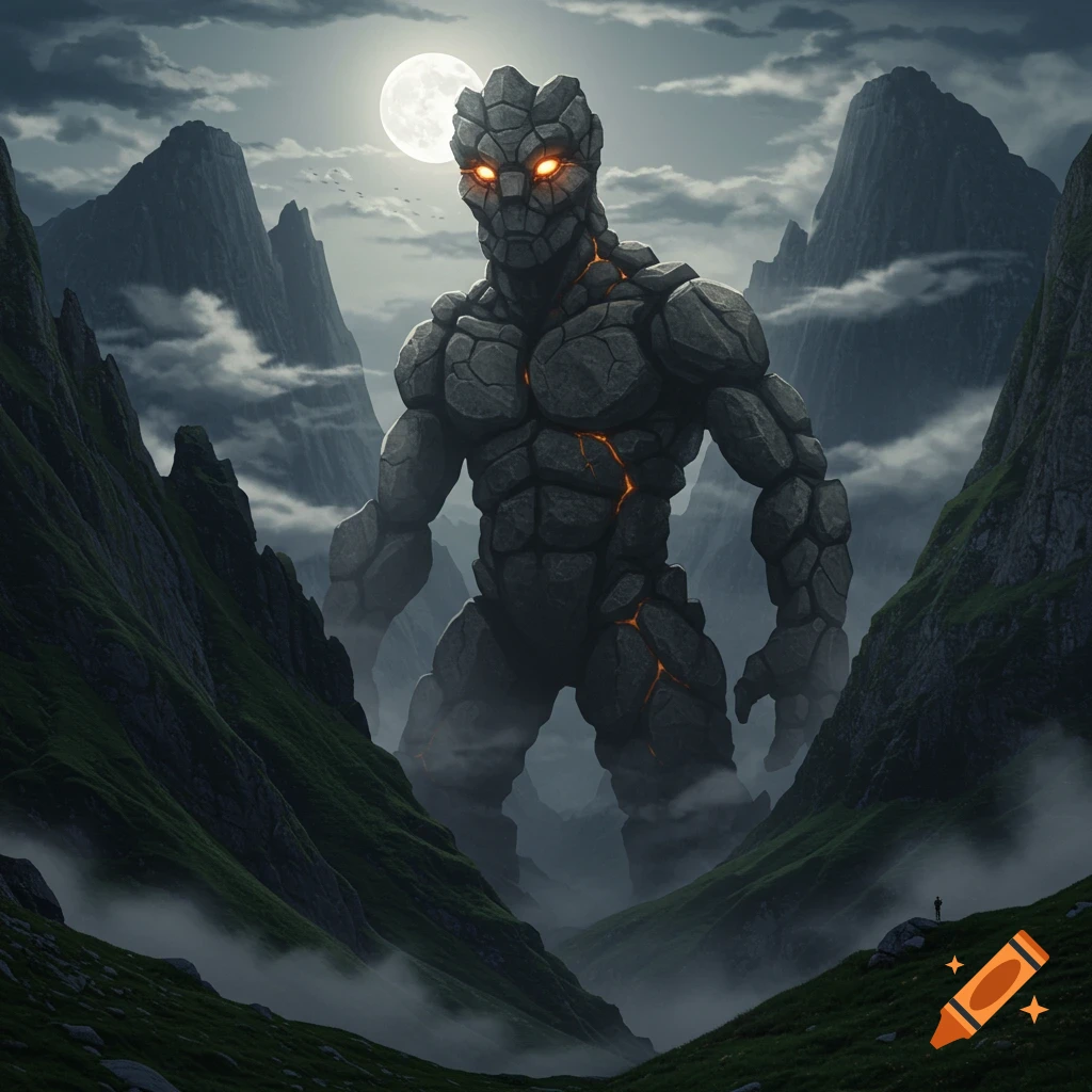 A towering rock monster with glowing eyes stands in a misty mountain valley under a full moon, a tiny person at its feet.