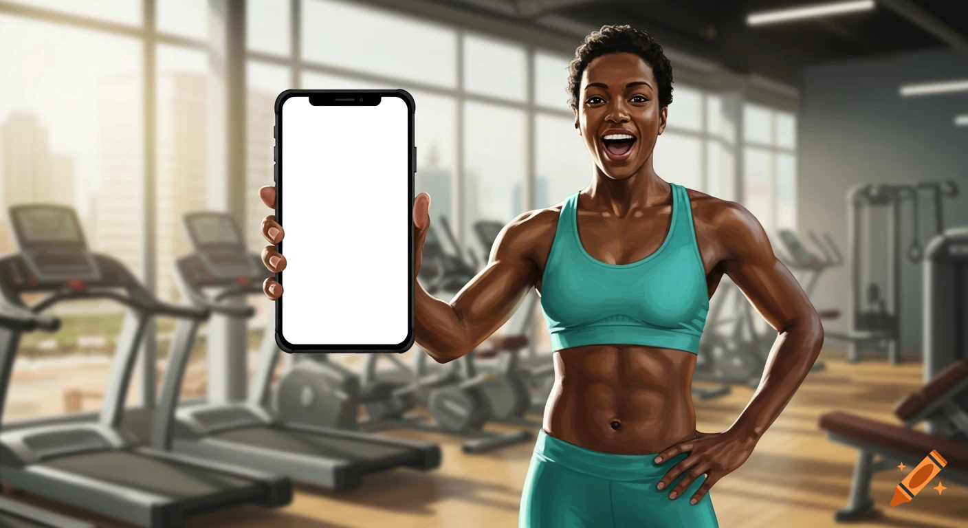 A smiling, muscular Black woman, a fitness instructor, holds up a smartphone with a blank white screen in a gym.
