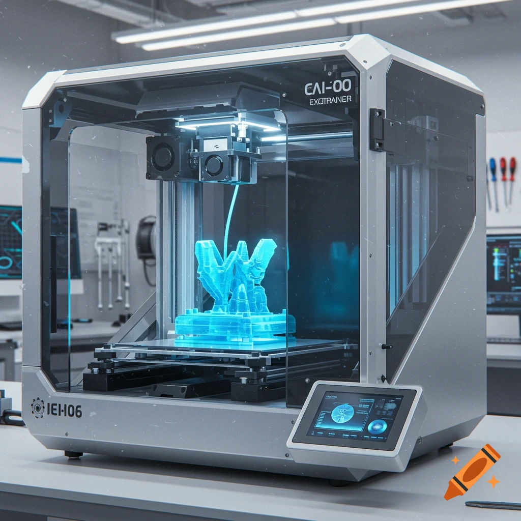 A detailed, photorealistic image of a futuristic resin 3D printer with glowing blue material printing an object in a lab.