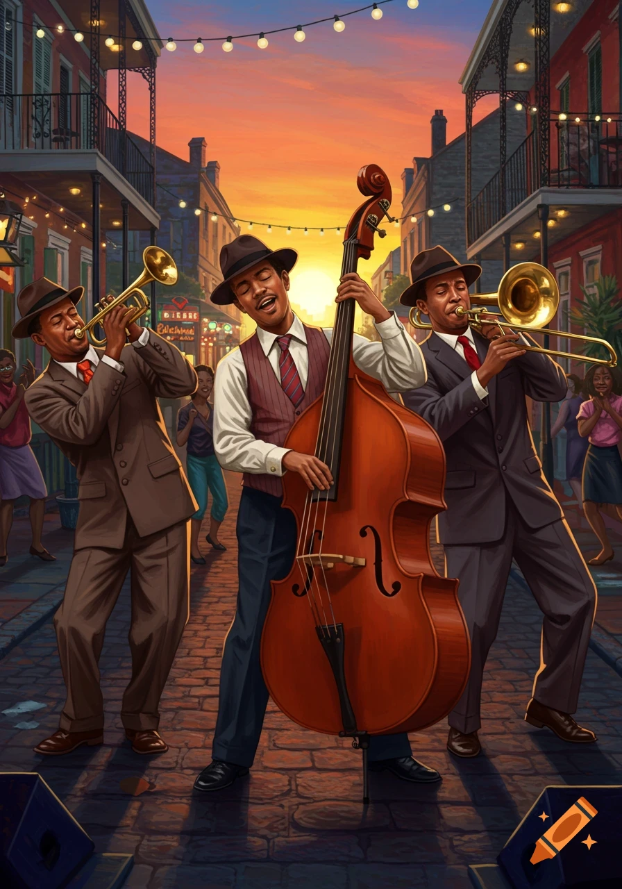 Three men in hats play jazz instruments (trumpet, upright bass, trombone) on a cobblestone street at sunset, with buildings and string lights in the background. Stylized illustration.