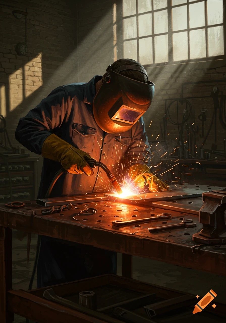 A welder in a mask and gloves works with a torch, producing bright sparks on a metal workbench in a sunlit workshop.
