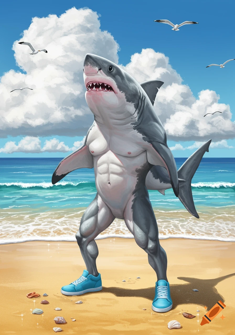 A muscular anthropomorphic shark with human legs and blue shoes stands on a sandy beach with seagulls flying under a blue sky with white clouds.