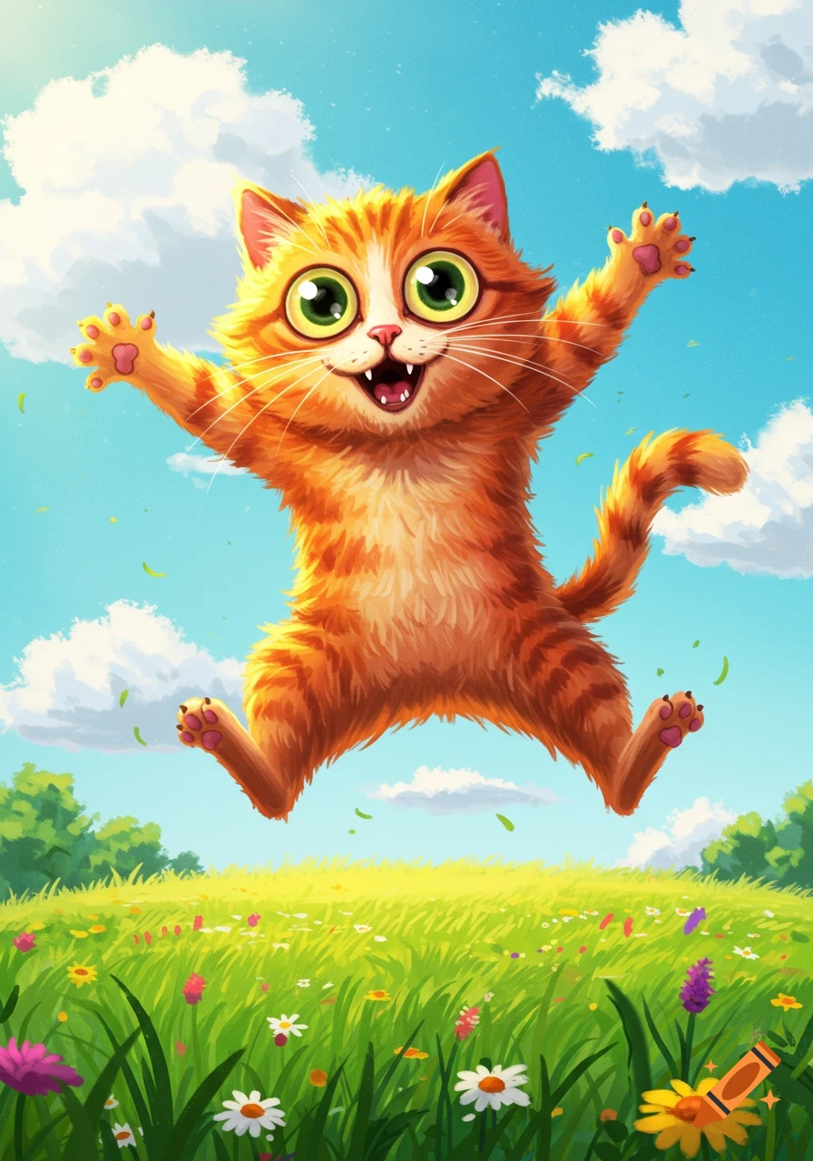 A funny, joyful orange cartoon cat with big green eyes jumps high in a sunny green field with flowers under a blue sky.