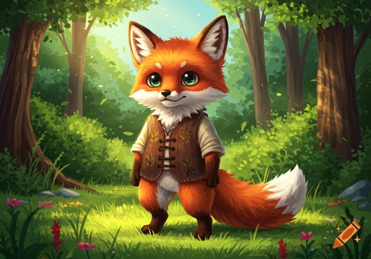 A cute, anthropomorphic orange fox with large green eyes, wearing a brown vest, stands smiling in a sunlit green forest. Illustration.