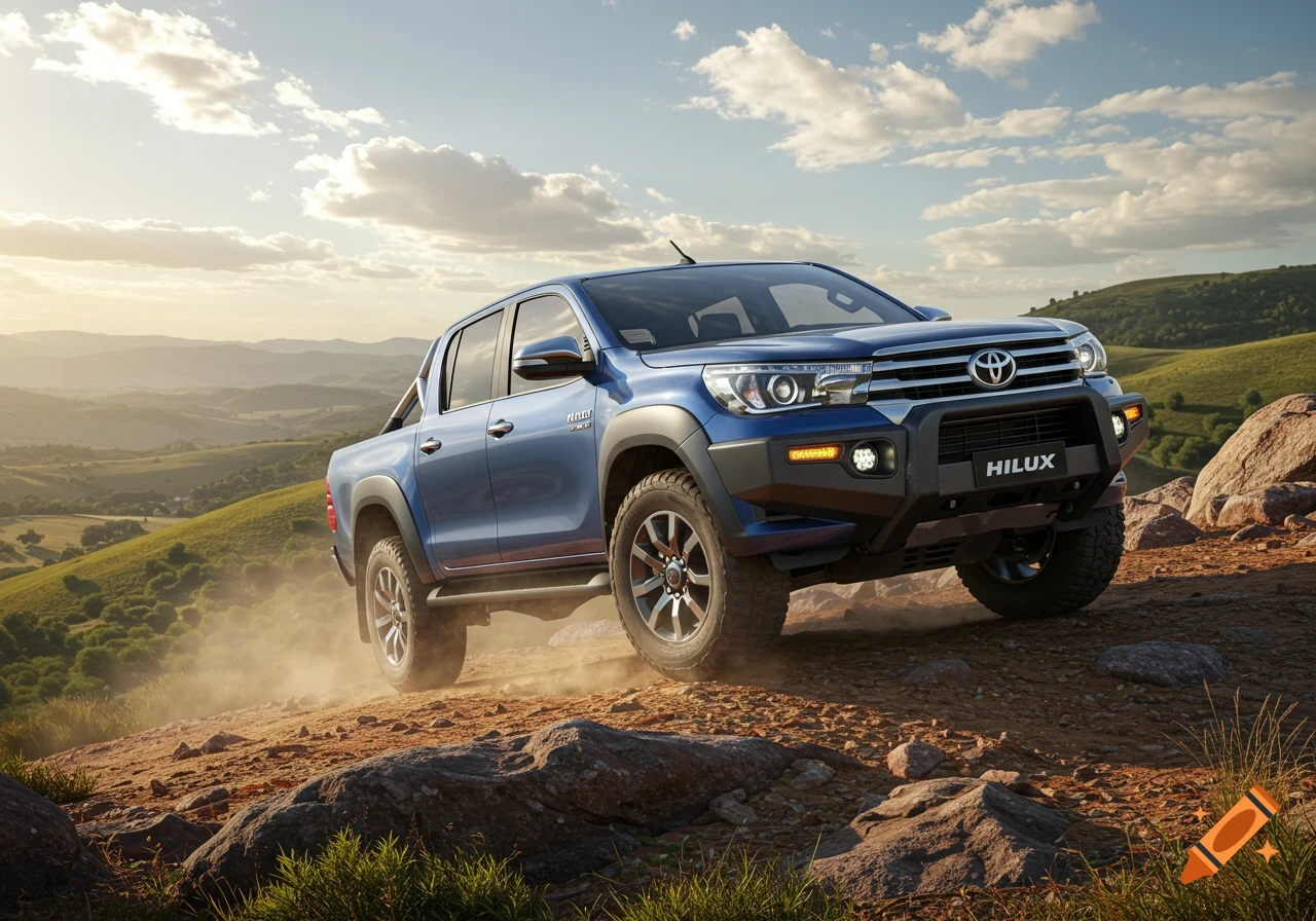 A blue Toyota Hilux pickup truck drives on a dusty off-road trail with green hills under a partly cloudy sky at sunset.