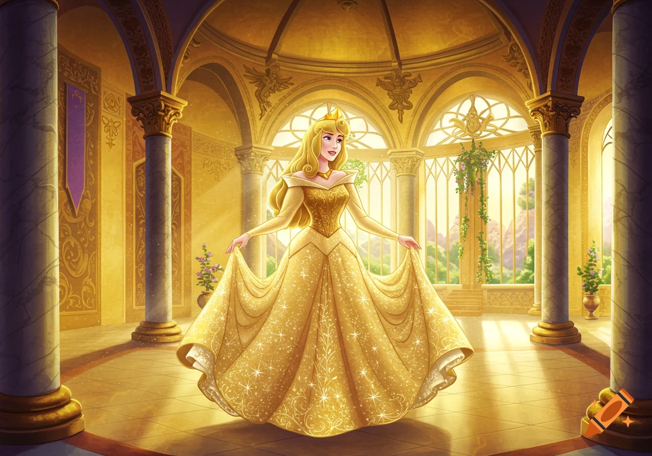 2D art of Princess Aurora in a sparkling golden dress inside a grand golden castle ballroom.