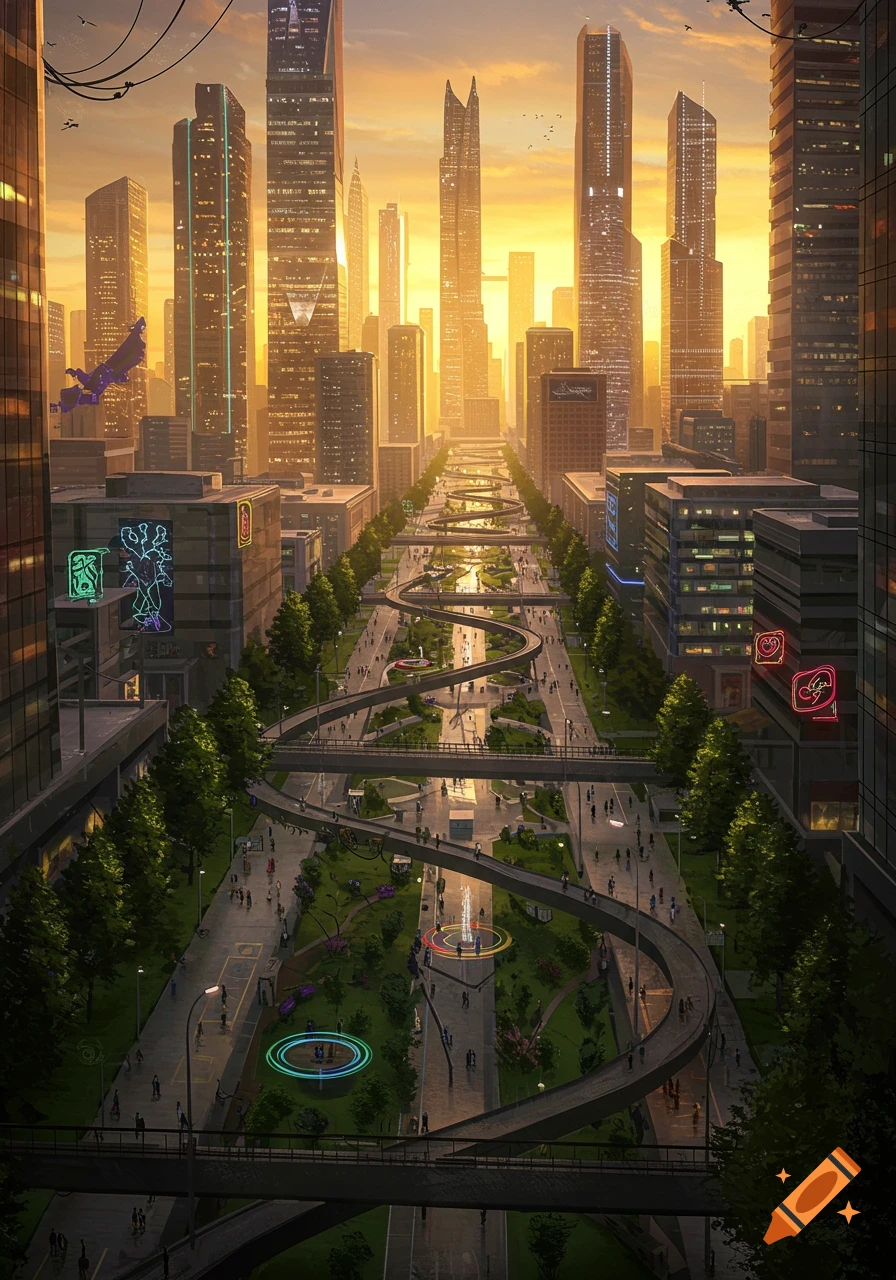 Detailed futuristic cityscape at sunset, with towering skyscrapers, elevated walkways, green spaces, and people walking.