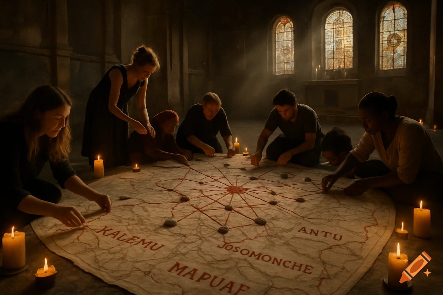 A diverse group of people kneel around a candle-lit, large cloth map with red strings and stones on the floor of a dark chapel.