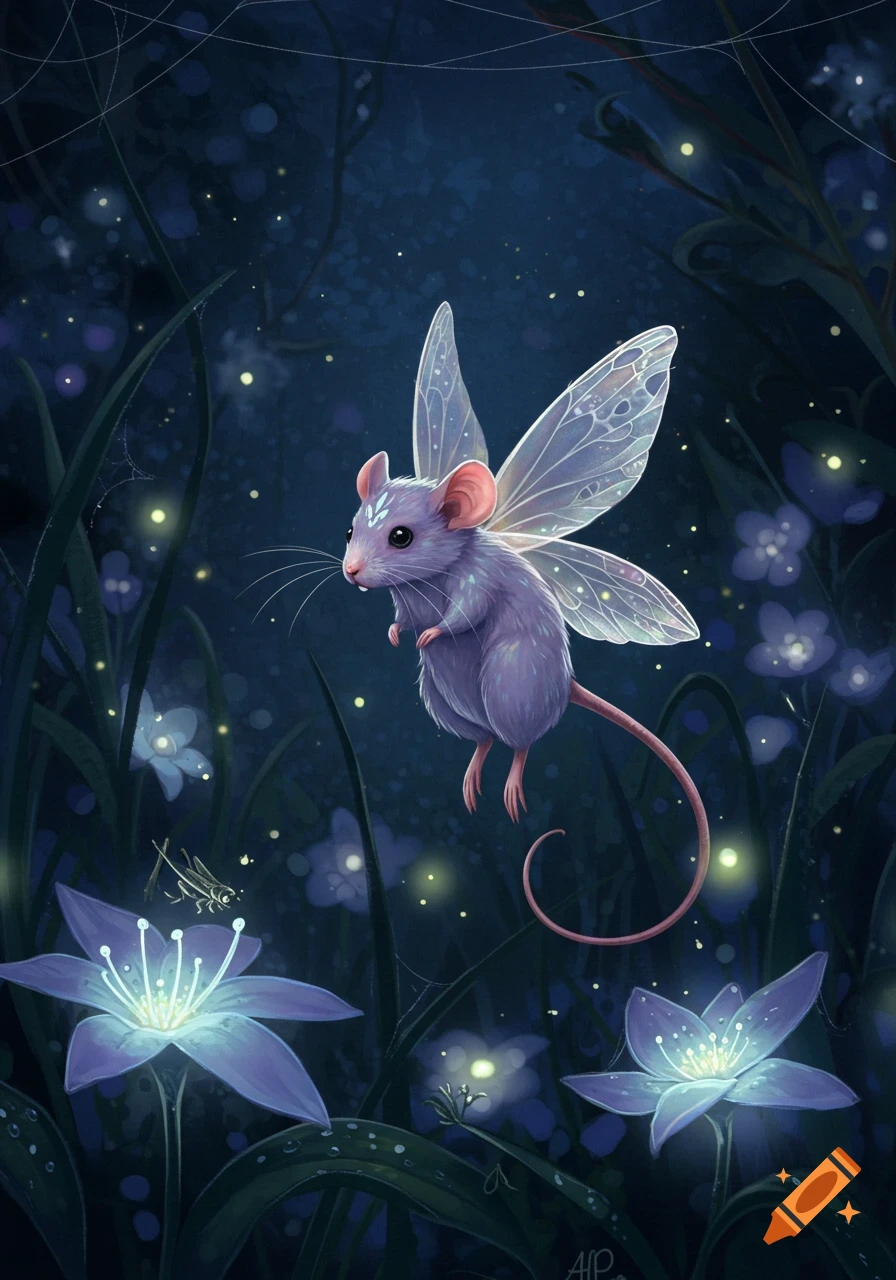 Whimsical illustration of a purple fairy mouse with translucent wings hovering in a dark, magical forest with glowing purple flowers and fireflies.