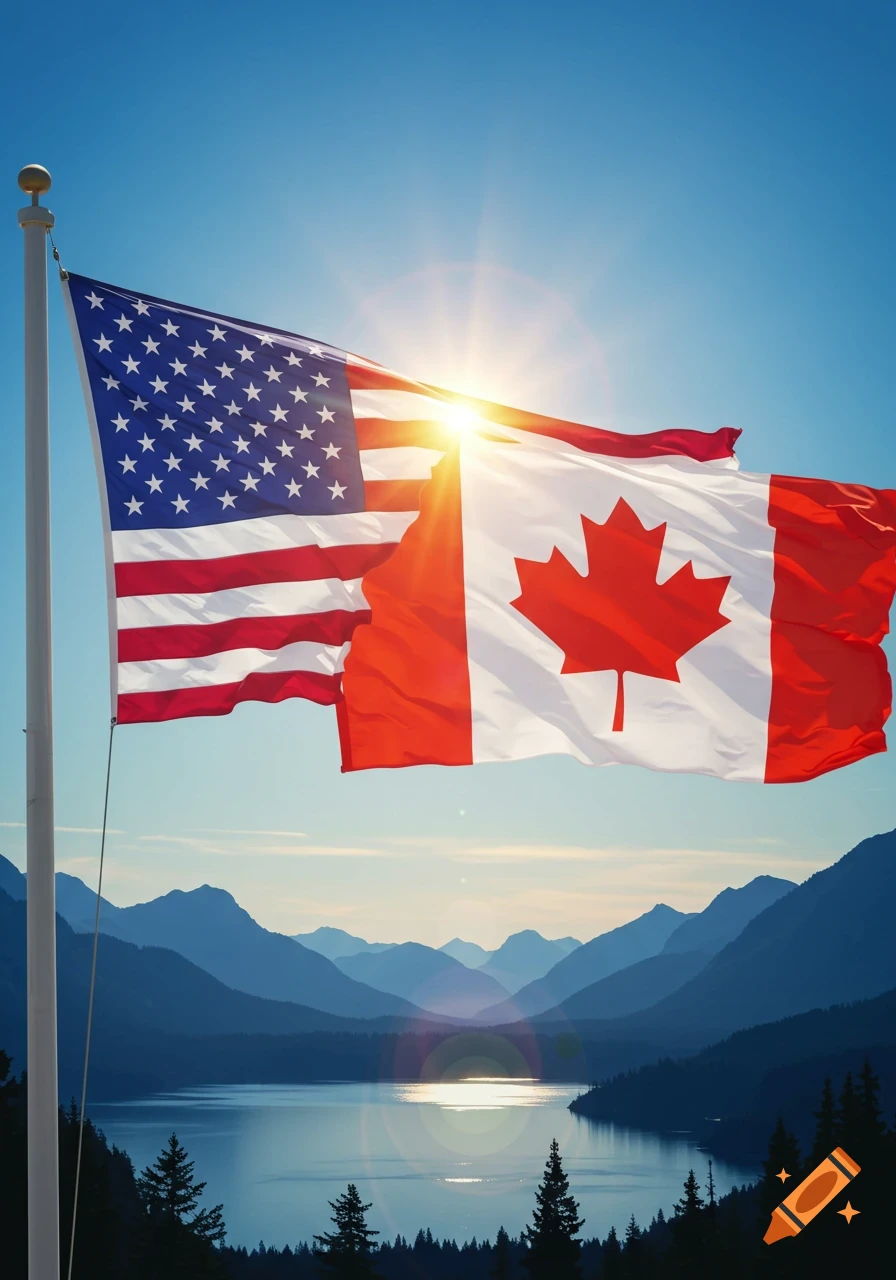 American and Canadian flags waving together on a flagpole under a bright sun, with a scenic mountain lake landscape below. Photorealistic.
