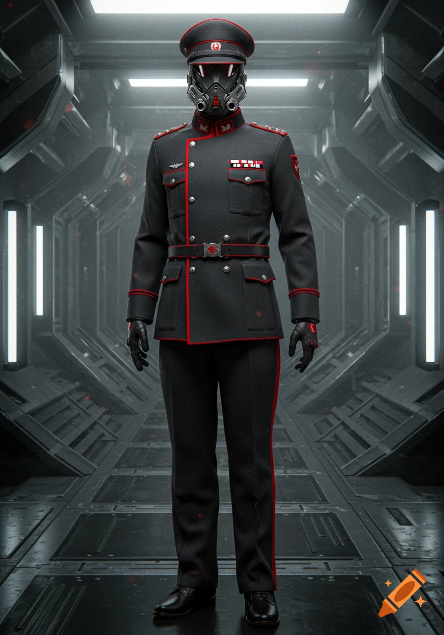 A full-body shot of a futuristic officer in a black and red uniform with a gas mask helmet, standing in a sci-fi corridor.