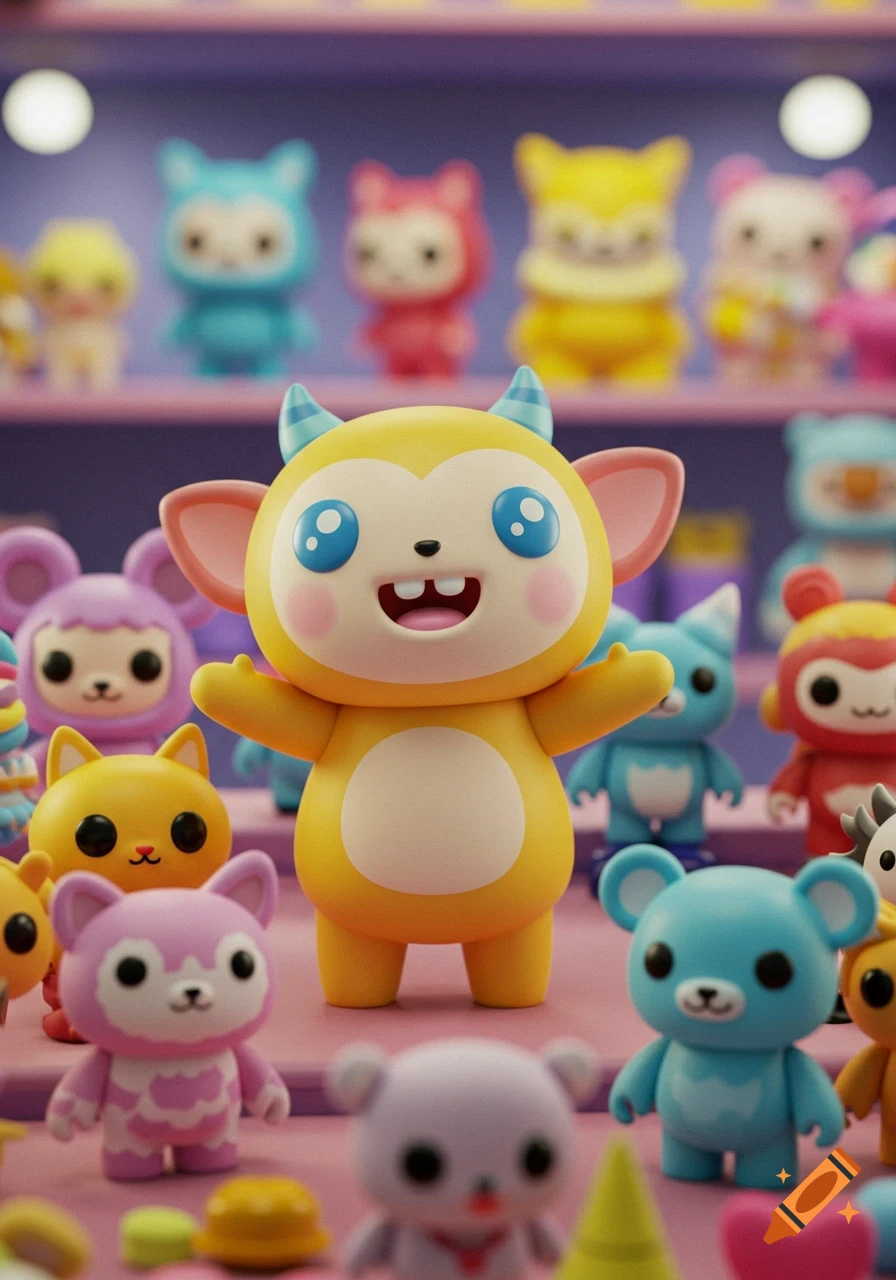 A cheerful yellow monster-like toy with blue horns and big blue eyes stands among a collection of colorful, cute toys on shelves, 3D rendered.