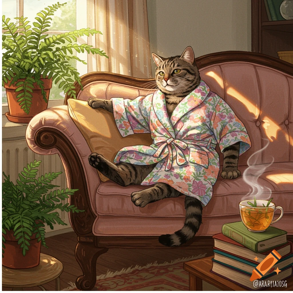 An illustrated tabby cat in a floral bathrobe sits on a pink couch, beside a steaming cup of tea and books, in a sunlit room with ferns.