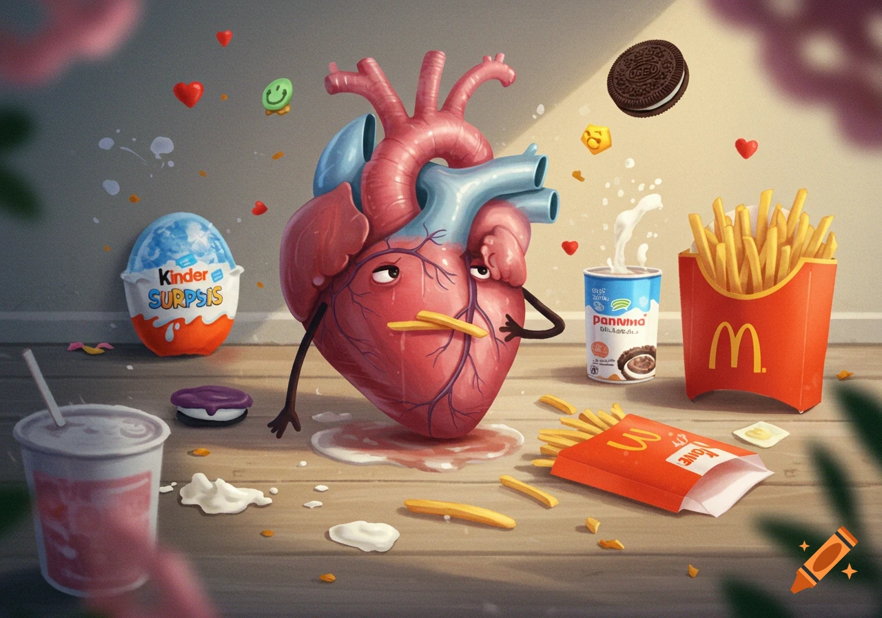 A stylized, sad anatomical heart with arms eats a french fry, surrounded by various junk food items like fries, a Kinder egg, an Oreo, and a soda, on a wooden floor.