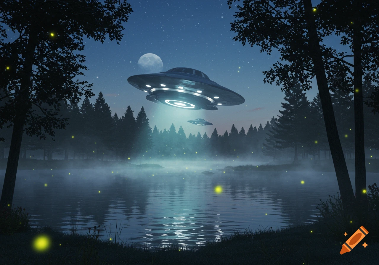 Two UFOs hover above a foggy lake surrounded by a dark forest at night, under a full moon and starry sky.