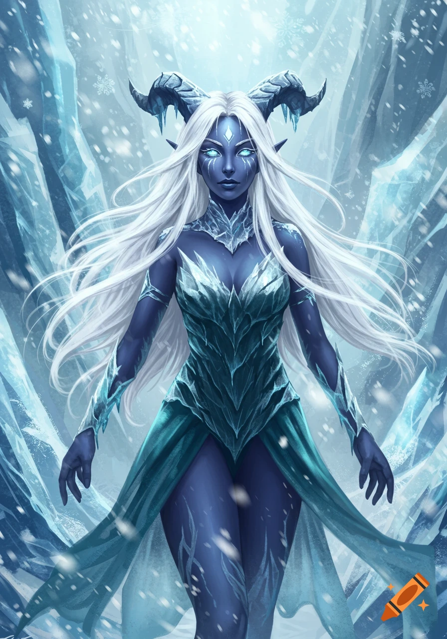 A fantasy digital art of a blue-skinned, white-haired tiefling woman with horns and glowing eyes, in an icy snowy environment.