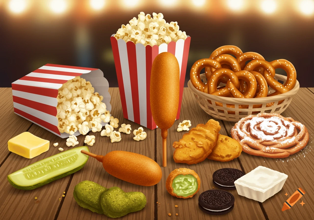 An illustrative flat lay of various carnival foods on a wooden table, including popcorn, corn dogs, pretzels, pickles, and fried desserts.