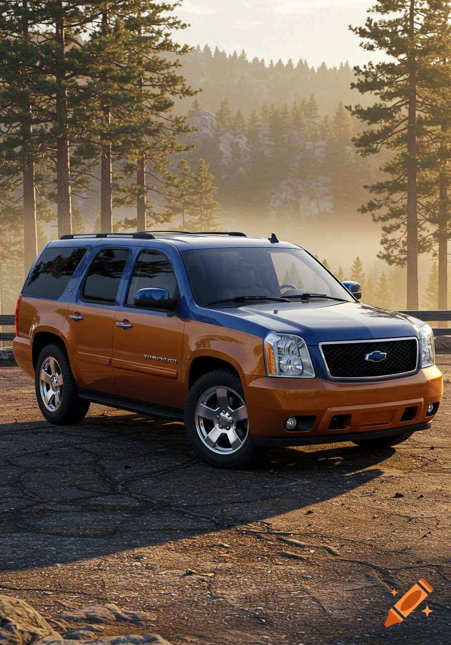 A blue and orange two-tone SUV parked on an asphalt road with a misty, sunlit forest in the background.