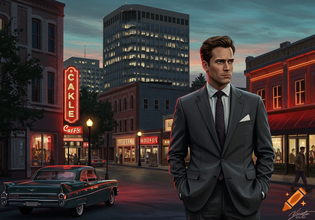 A man in a suit stands on a city street at dusk, with a vintage car and neon signs, in a retro illustration style.