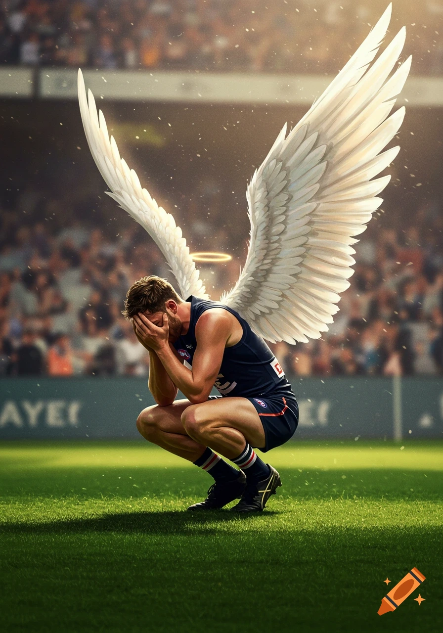 A sad Australian Rules Football player, wearing a navy guernsey, kneels on a green field with his face in his hands, large white angel wings on his back.