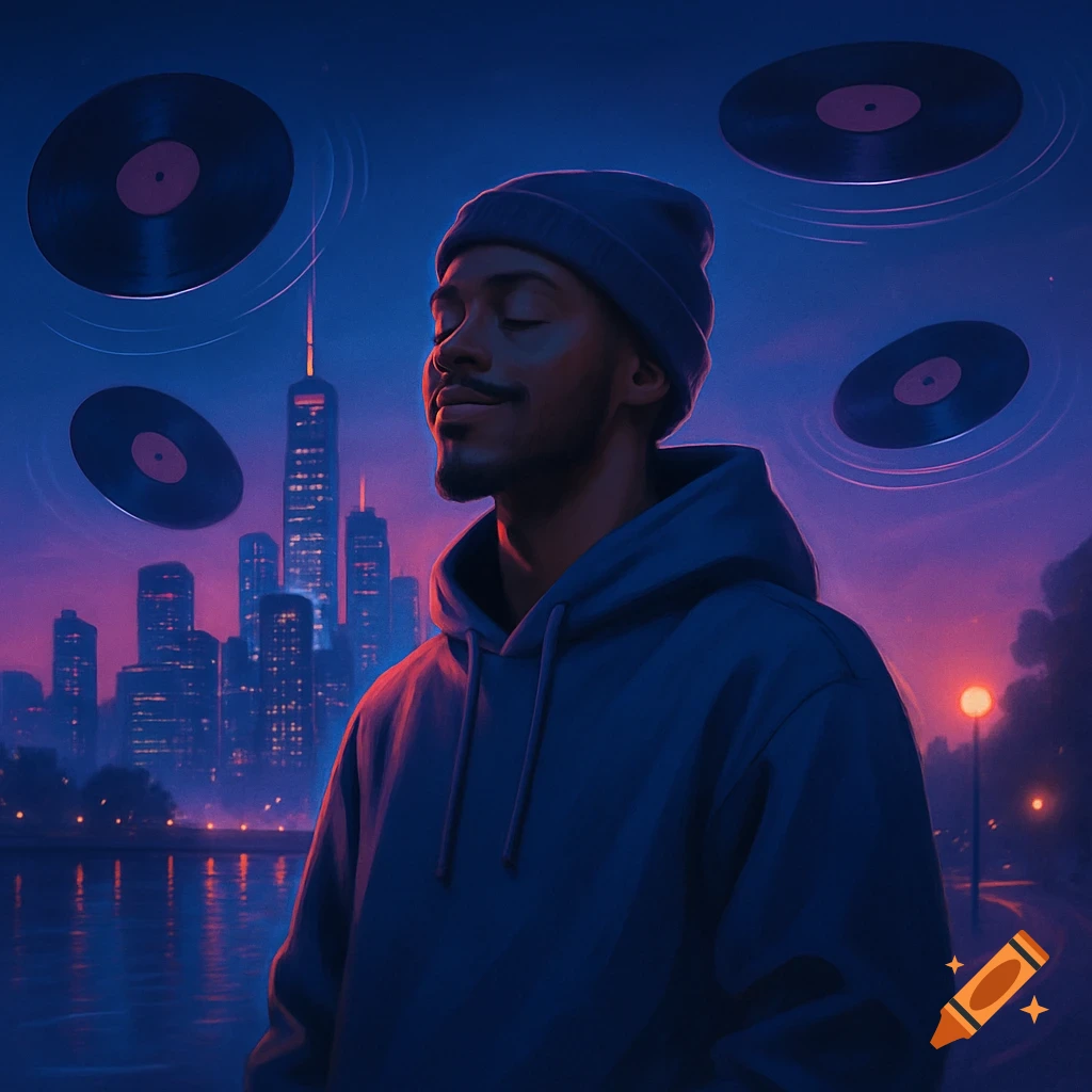 A relaxed man in a beanie and hoodie against a neon city skyline with floating vinyl records, digital art style.
