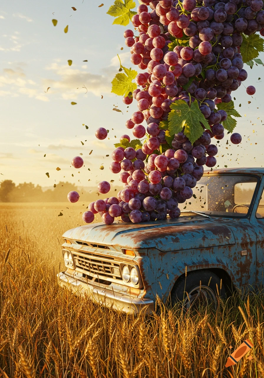 Photorealistic image of a large bunch of red grapes falling onto a rusty blue pickup truck in a sunlit wheat field.