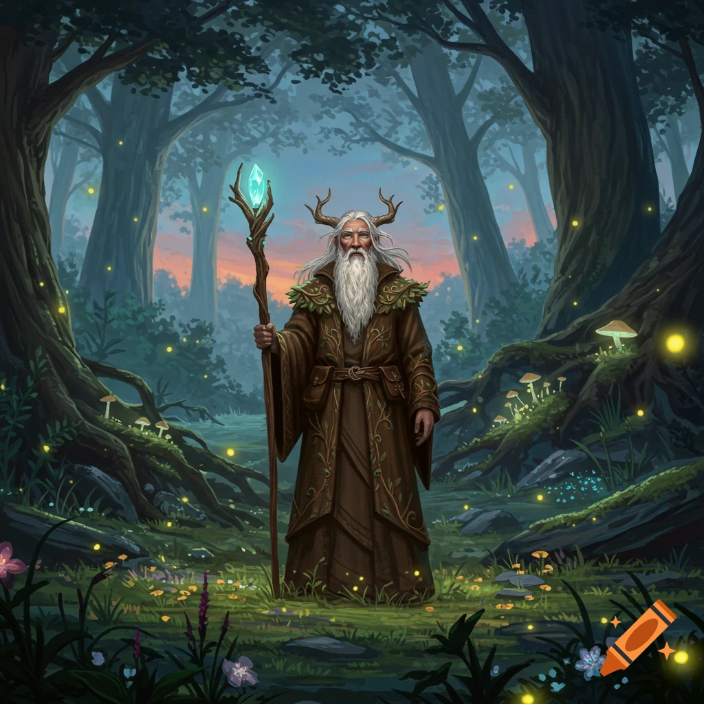 A fantasy illustration of a wise druid with antlers and a white beard, holding a glowing staff in an enchanted forest.