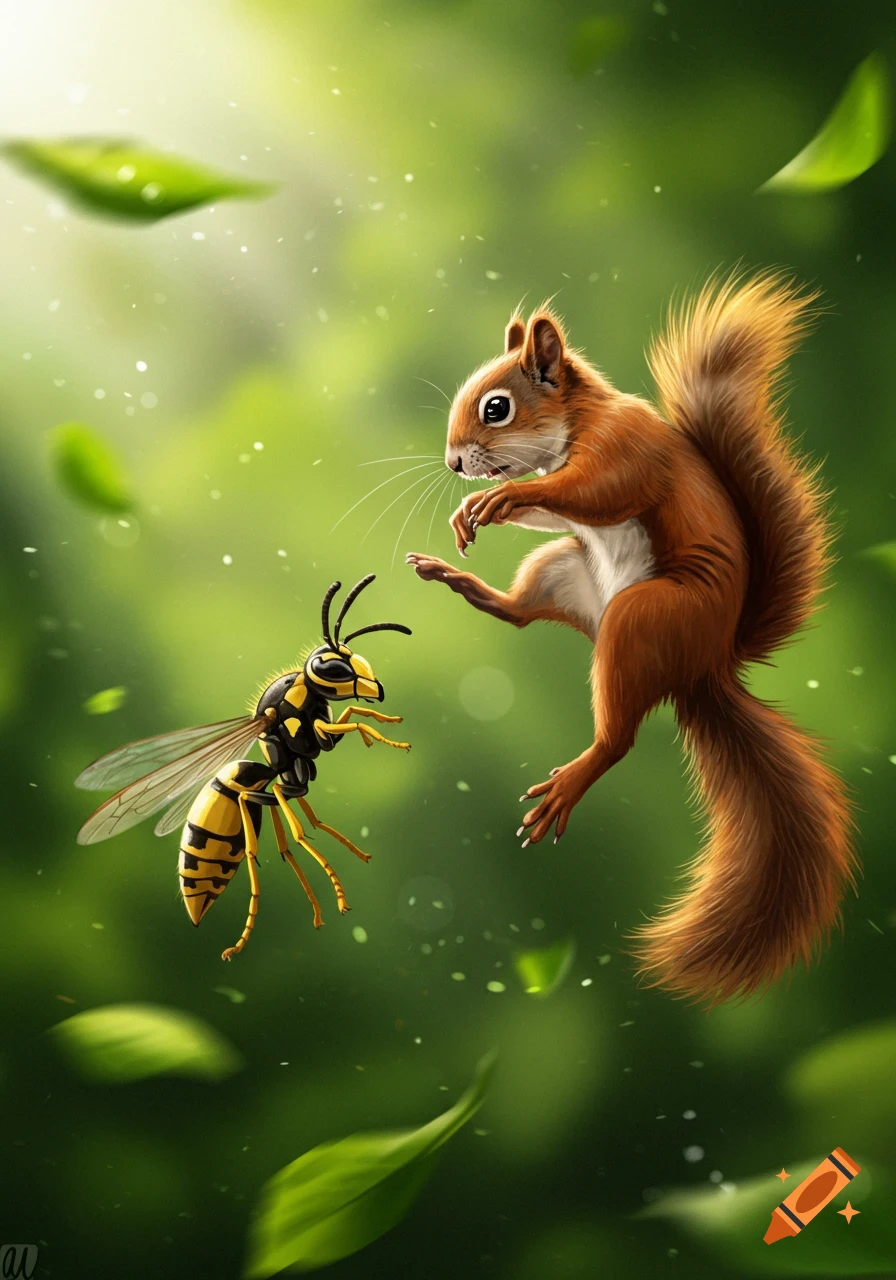 Cartoon illustration of a squirrel in mid-air performing a karate kick against a large wasp, surrounded by floating green leaves.