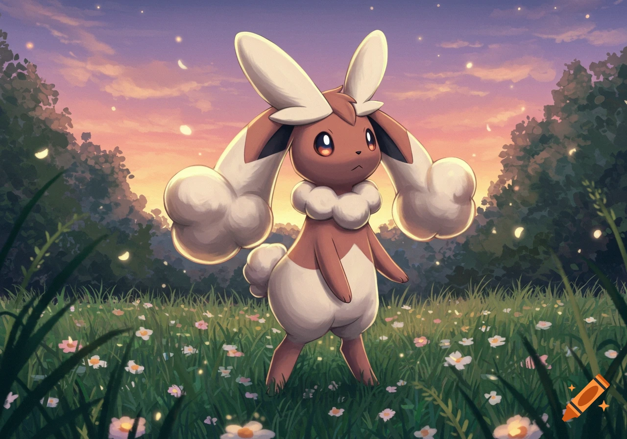 Lopunny stands in a field of wildflowers under a vibrant sunset sky, in an anime illustration style.