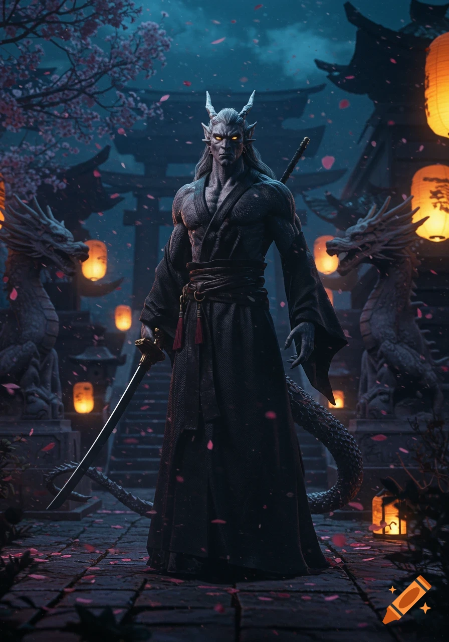 A muscular, horned demon warrior with glowing eyes and a tail stands in a Japanese temple courtyard at night, holding a katana, with cherry blossoms falling and lanterns.