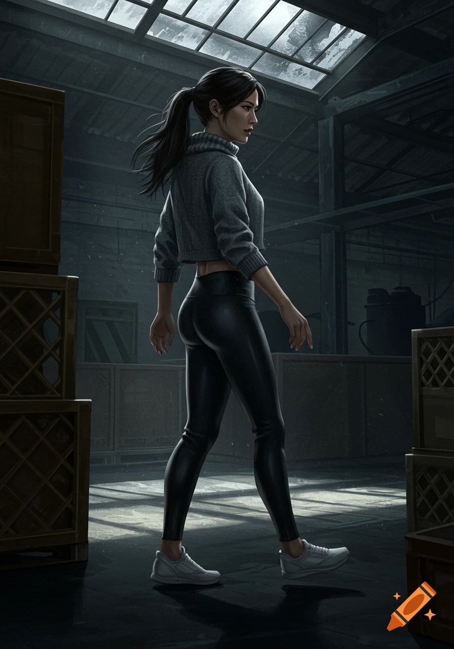 A woman with a ponytail, wearing a grey cropped sweater and black leggings, walks through a dimly lit warehouse.