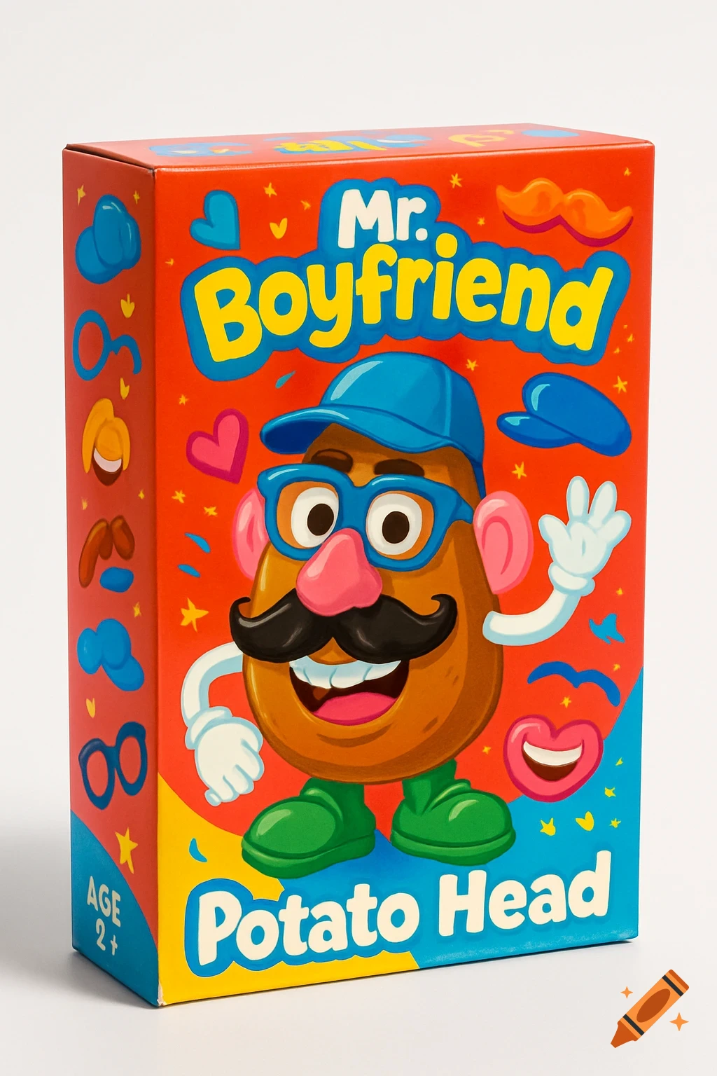 A bright orange toy box for 'Mr. Boyfriend Potato Head' featuring a cartoon potato character in a blue cap, glasses, and mustache.