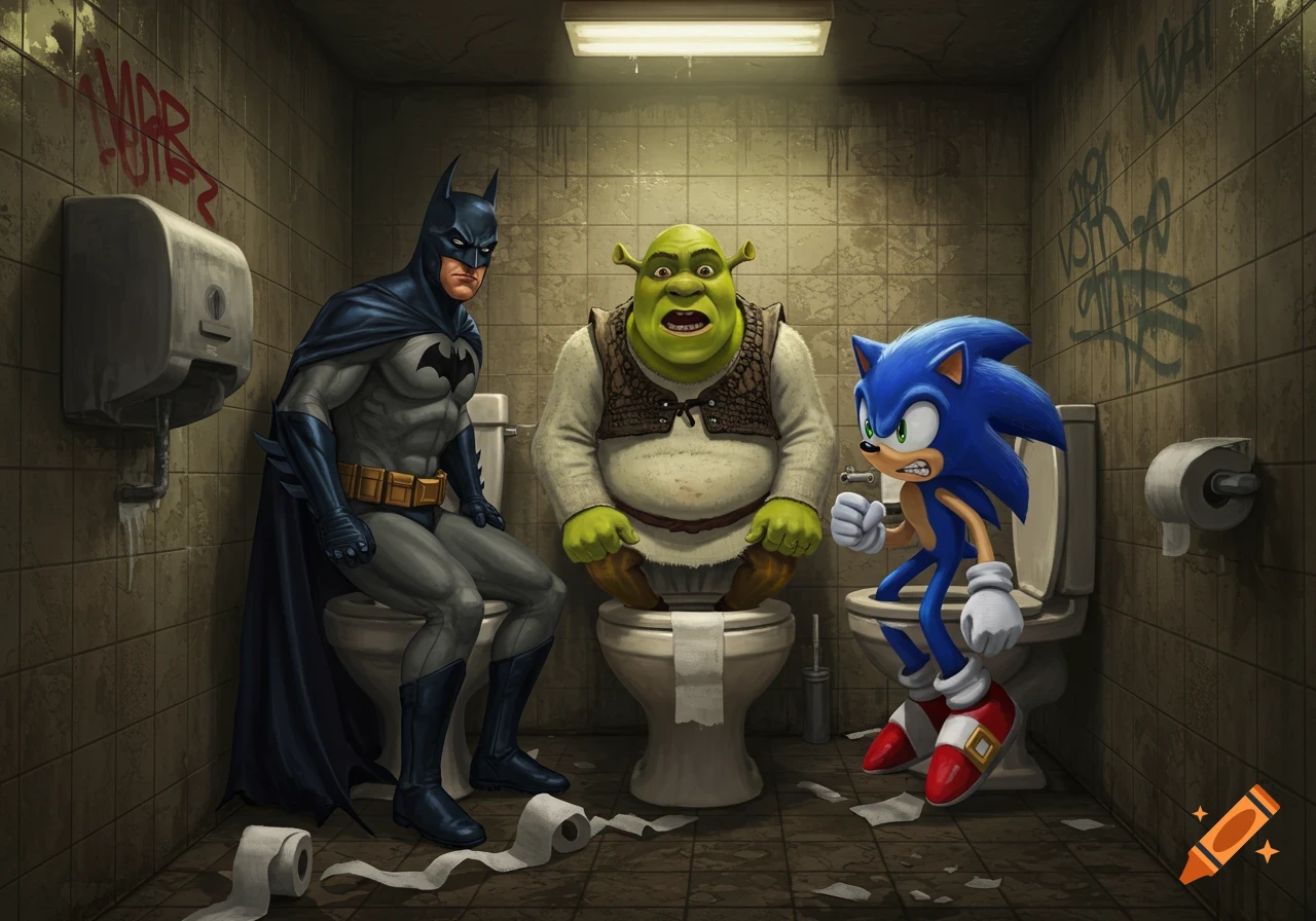 Batman, Shrek, and Sonic the Hedgehog are sitting on toilets in a grimy public restroom, all with expressions of discomfort.
