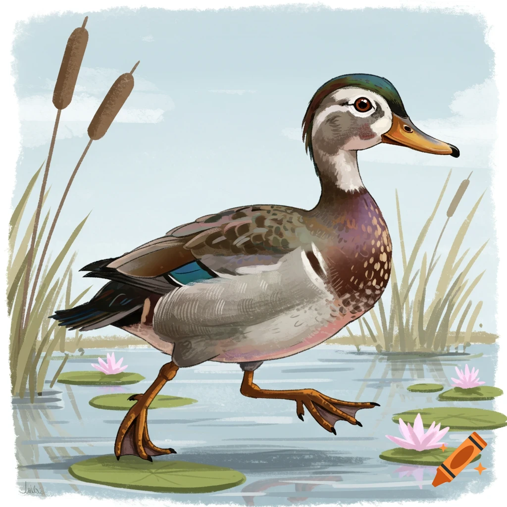 A colorful wood duck walks through a pond with lily pads and cattails in an illustrative style.