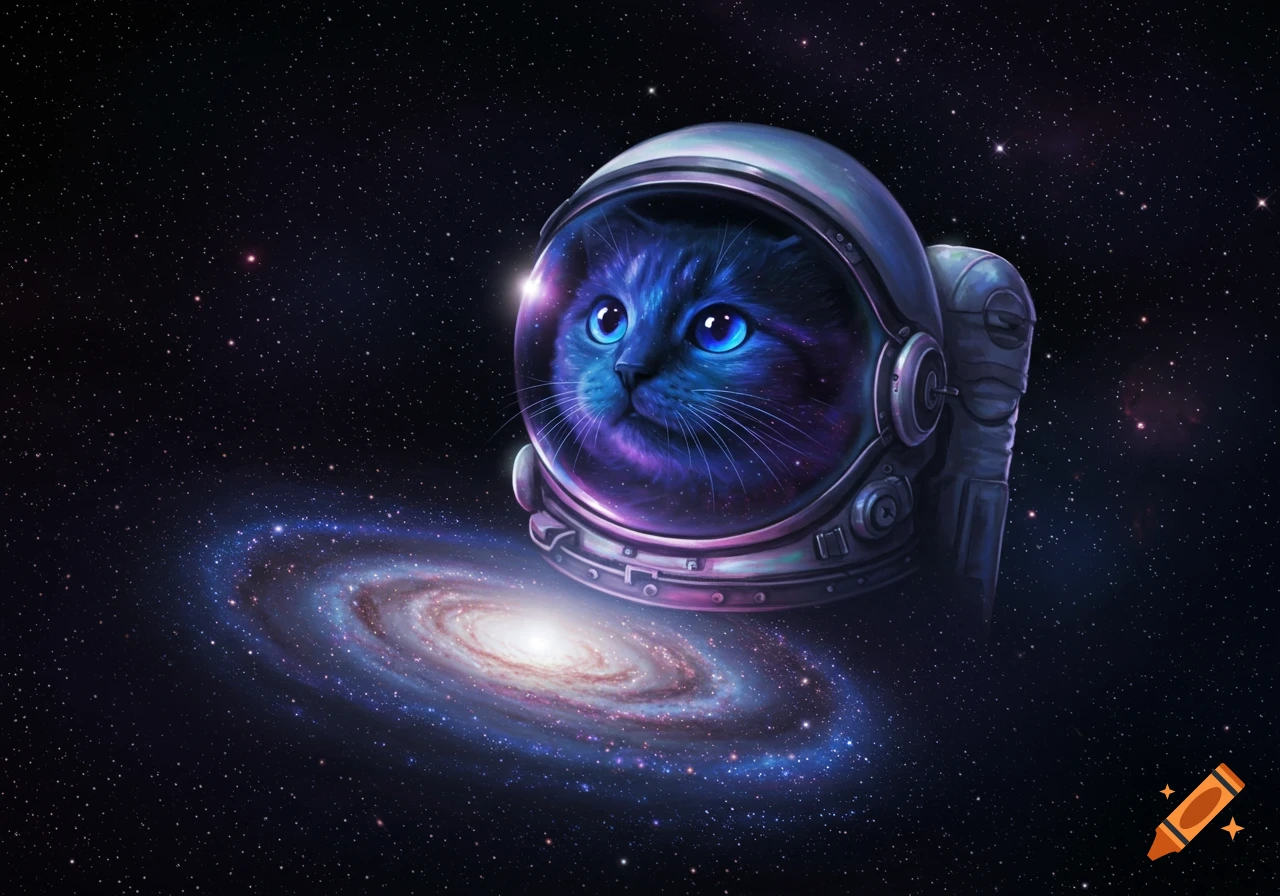 A cat with blue eyes and cosmic fur wearing an astronaut helmet, floating in space above a spiral galaxy. Digital art.
