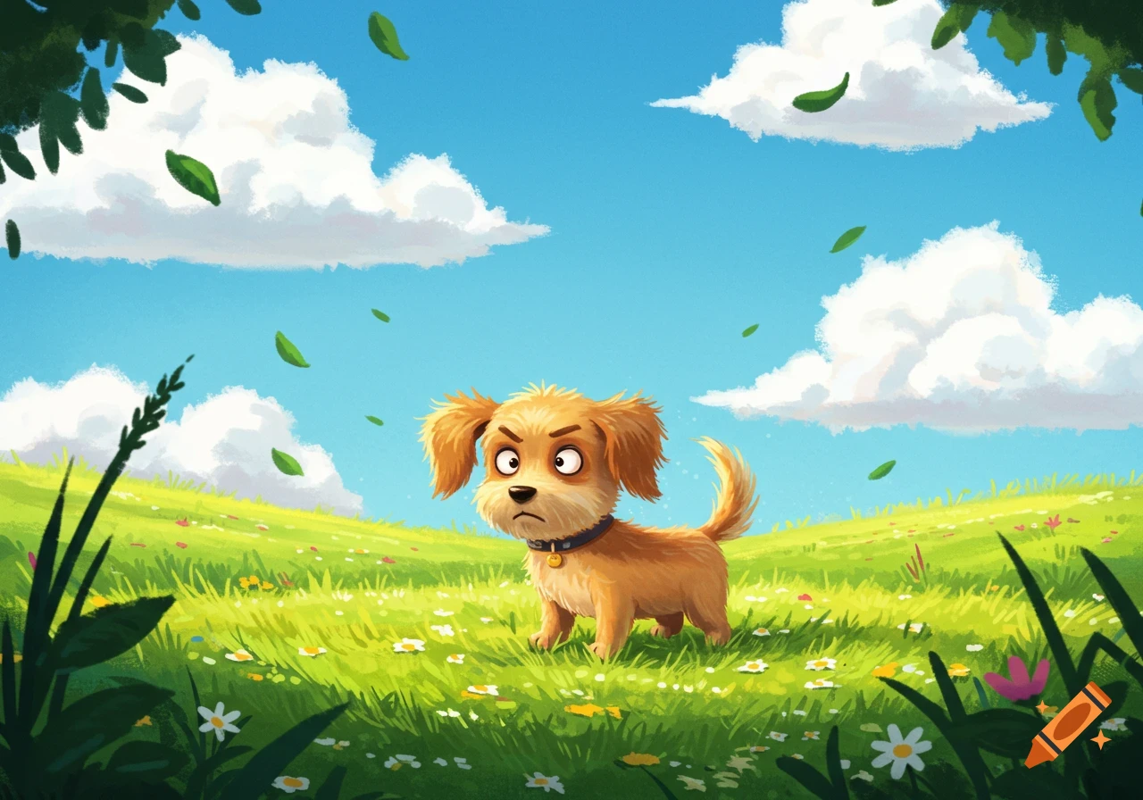 An angry-looking light brown cartoon dog stands in a vibrant green field with flowers under a blue sky with clouds and falling leaves.