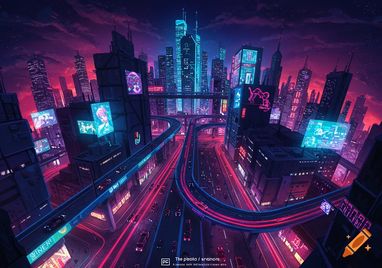 A stylized, high-angle fisheye view of a vibrant neon cyberpunk city at night, with towering skyscrapers, glowing signs, and illuminated elevated highways carrying vehicles, all under a dramatic purple and red sky.