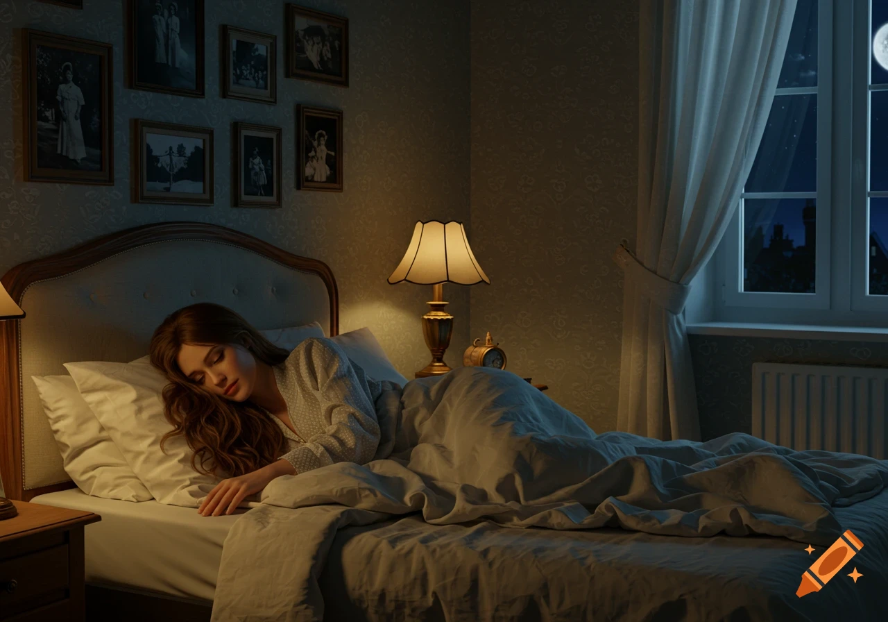 A photorealistic image of a woman sleeping peacefully in a cozy bedroom at night, with moonlight visible through the window.