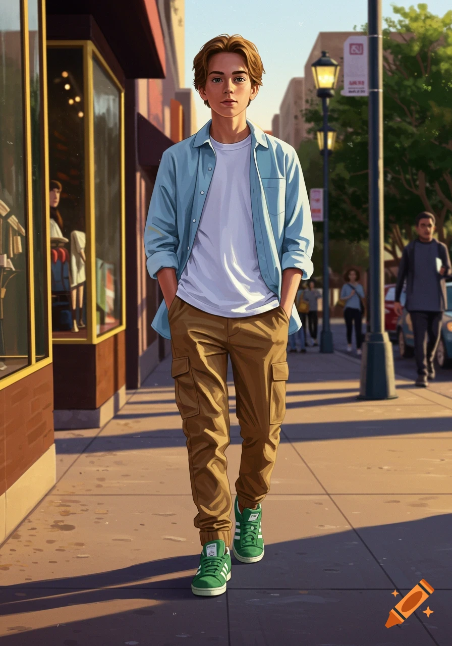Illustrative portrait of a teenage boy in a light blue shirt, white tee, brown cargo pants, and green sneakers walking on a city sidewalk.
