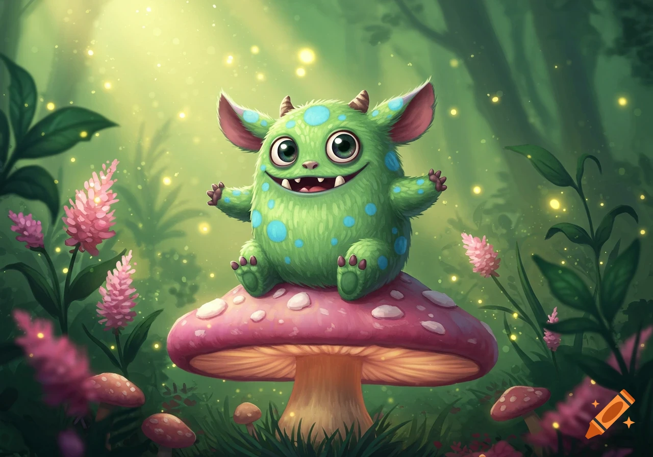 A cute green furry monster with blue spots sits on a pink mushroom in a glowing, whimsical forest.