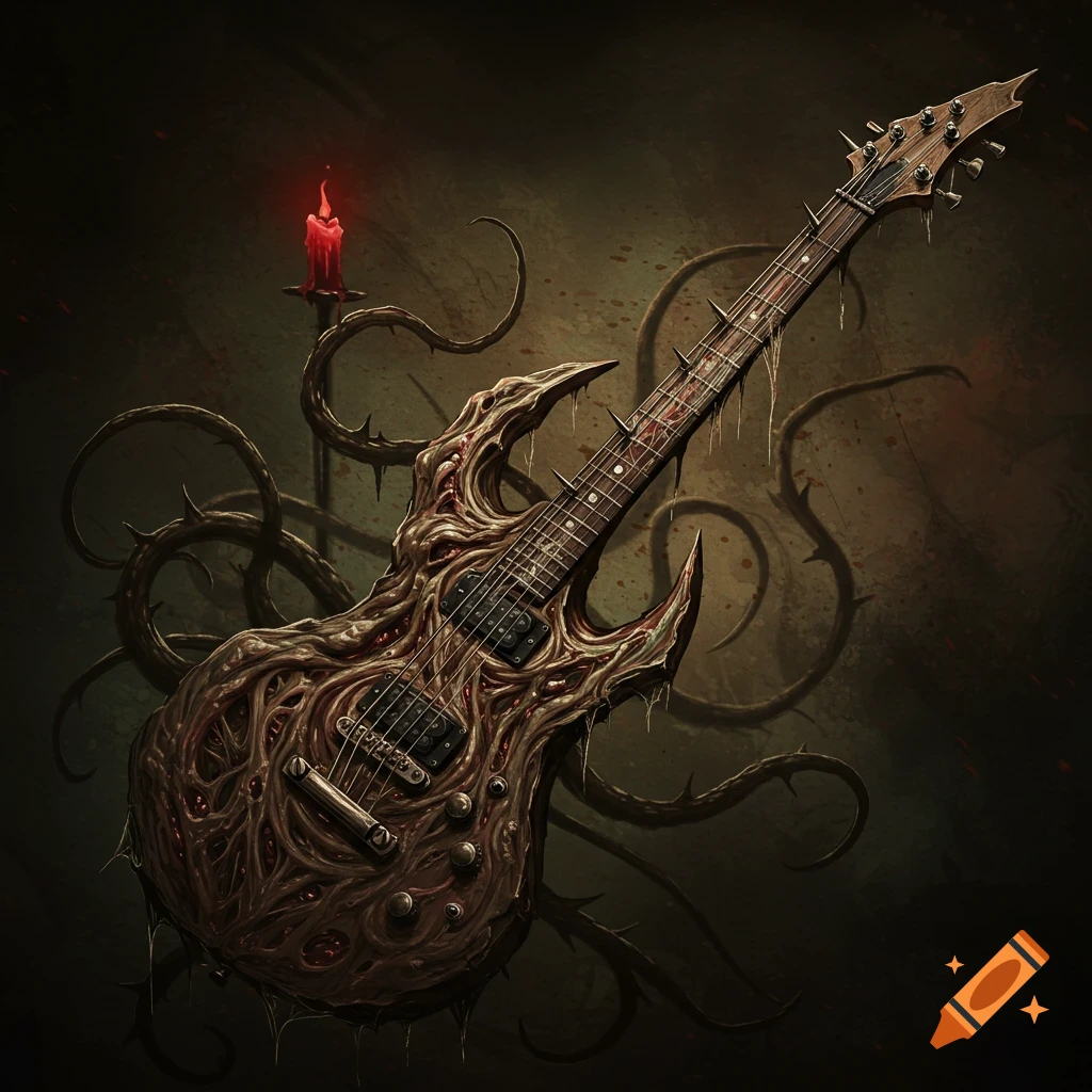A grotesque, flesh-like electric guitar with spikes and tendrils, next to a dripping red candle on a dark background.