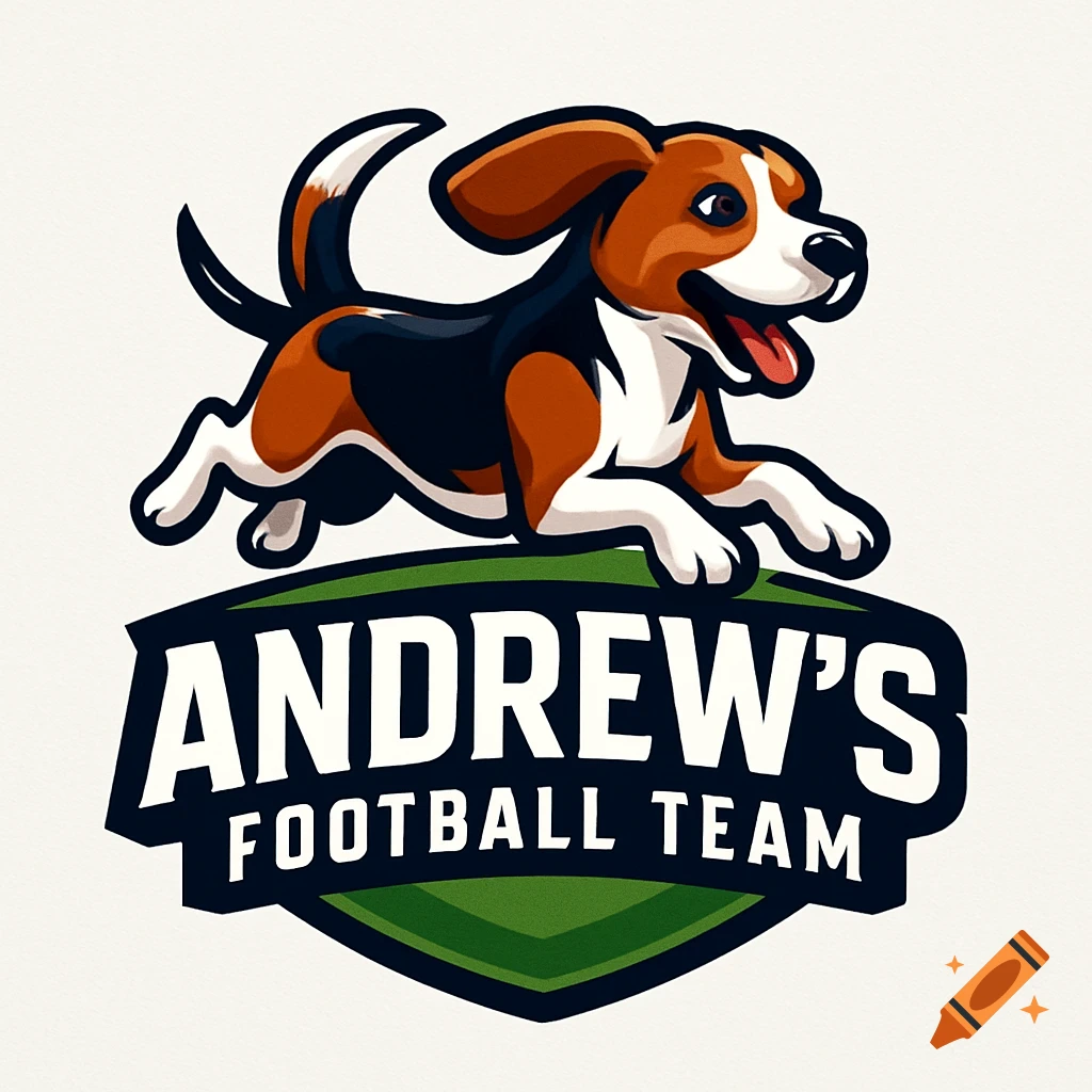 Cartoon logo for Andrew's Football Team featuring a happy, running beagle dog on a shield with green grass.