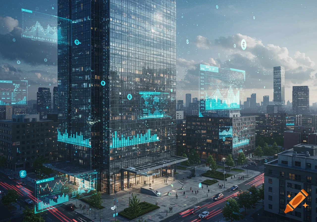 A modern city skyline at dusk with a large glass skyscraper covered in glowing blue holographic financial data visualizations, busy streets below.