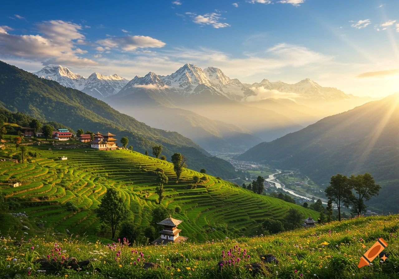 Photorealistic landscape of terraced green fields and temples in a mountain valley at sunrise, with snow-capped peaks in the background.