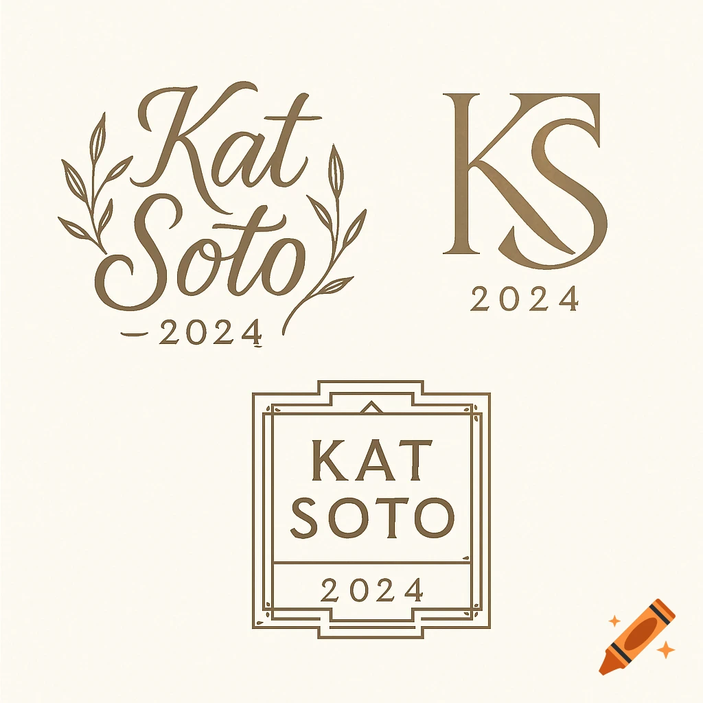 Three elegant logo designs for Kat Soto: a script logo with leaves, an initial 'KS' logo, and a framed 'Kat Soto' logo, all with '2024'.