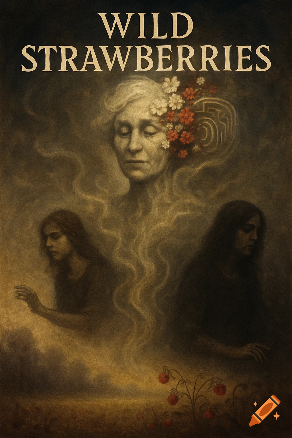 Artistic poster with an older woman's ghostly face above two younger women, surrounded by swirling lines, flowers, and a strawberry plant, in a muted, somber tone.
