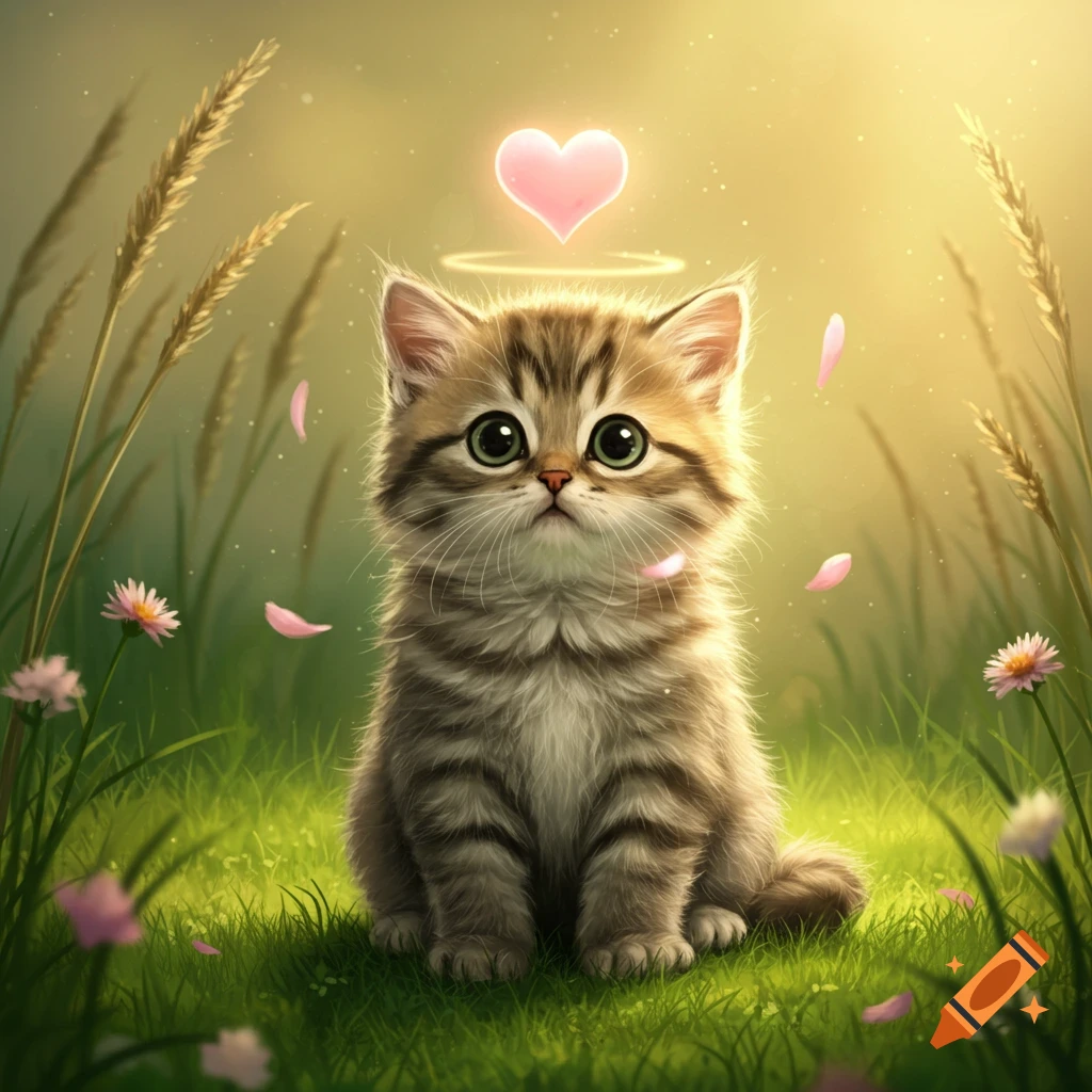A cute tabby kitten sits in a grassy field with a glowing pink heart floating above its head and pink petals falling.