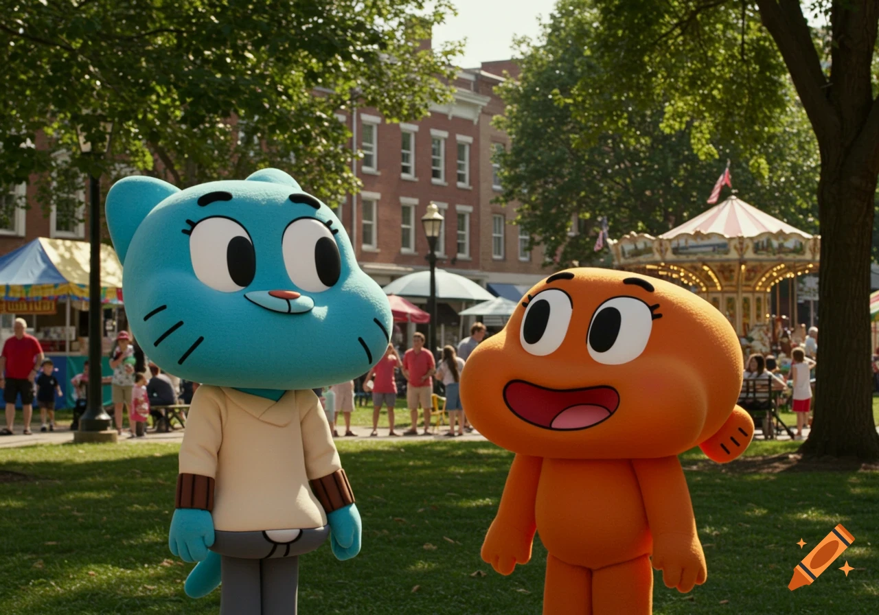 Mascot characters of Gumball and Darwin in a sunny park with a carousel and people.