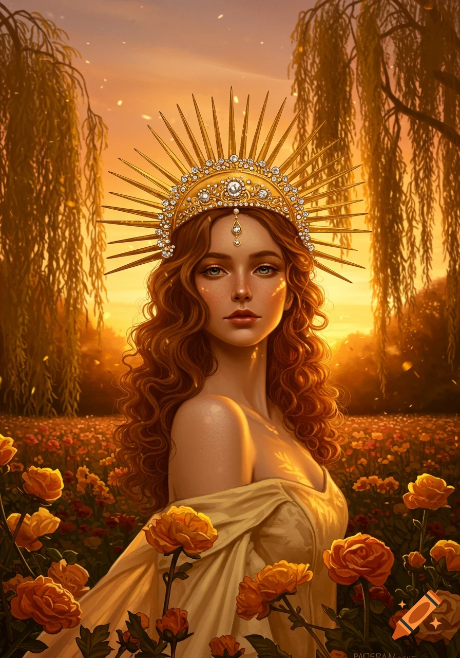 Ethereal woman with a golden sun crown and long curly hair in a vibrant field of yellow flowers at sunset.