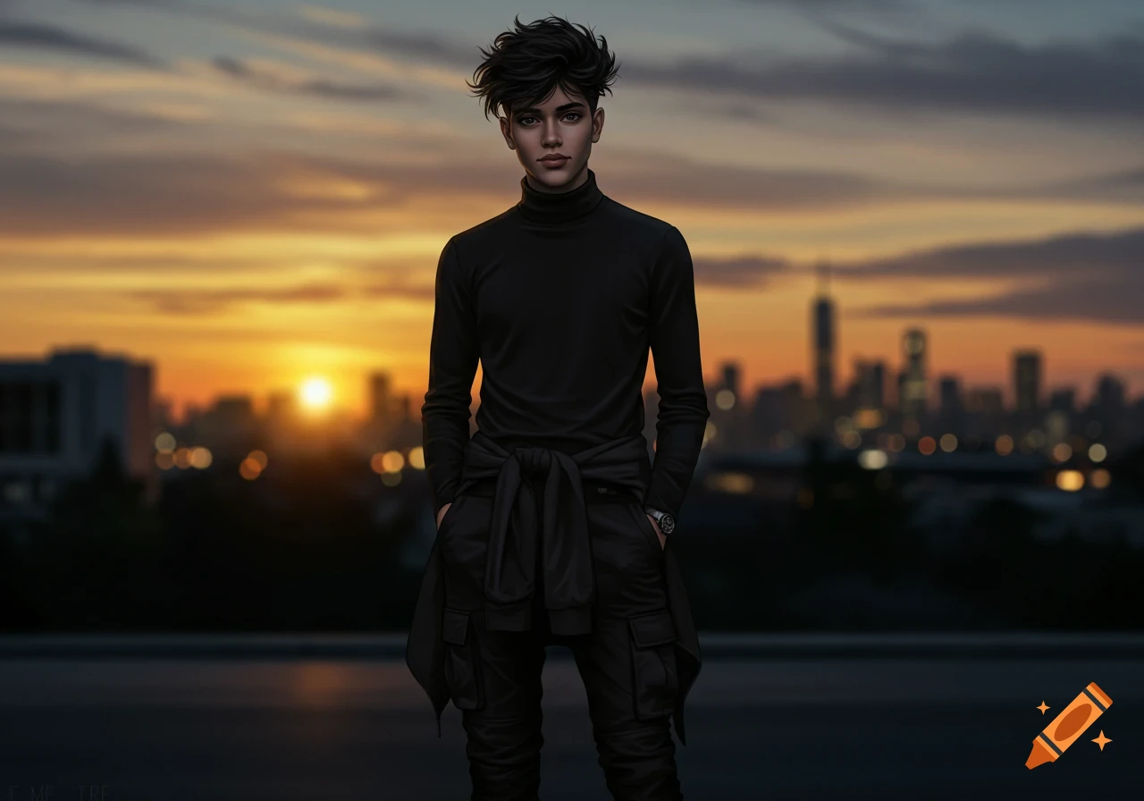 A young man with fluffy black hair in a black turtleneck and cargo pants stands on a rooftop overlooking a city skyline at sunset. Photorealistic style.